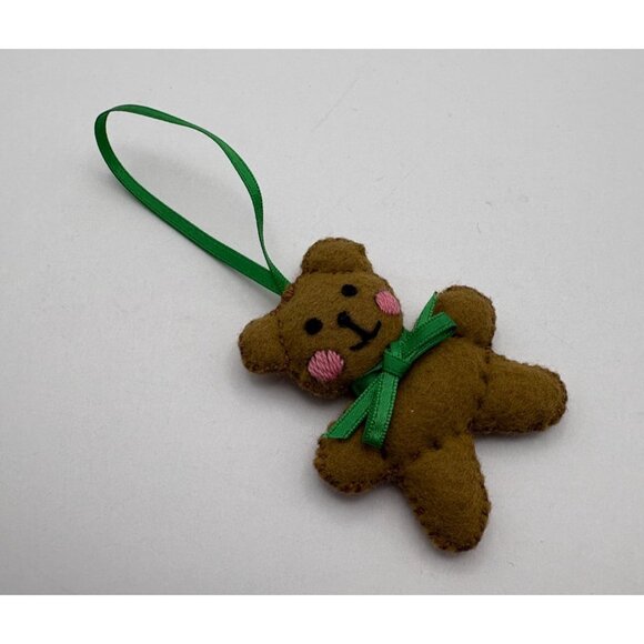 Gingerbread Bear Christmas Ornament Handmade Felt Green Bow Vintage - Picture 5 of 6